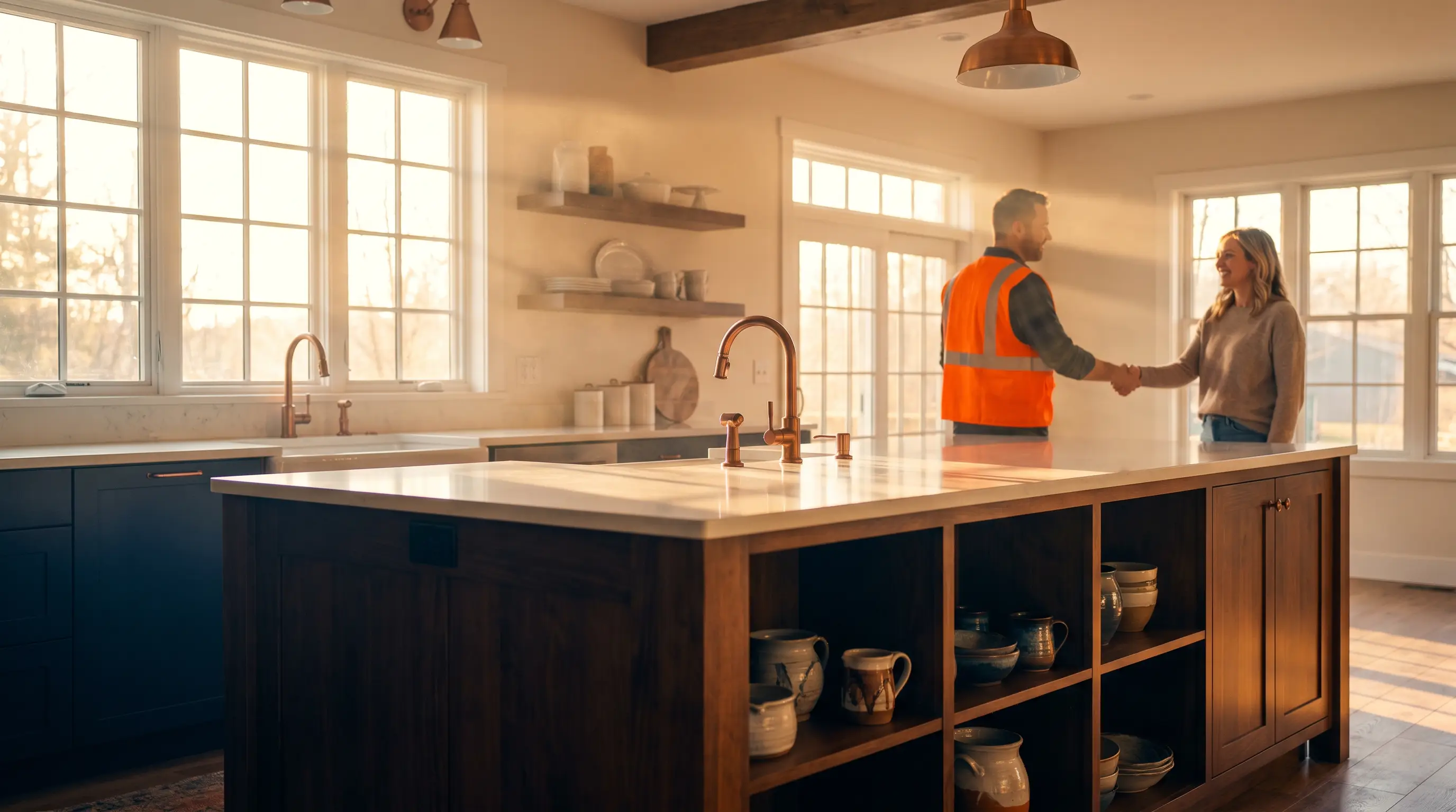 Contractor in a hi-vis vest shaking hands with a homeowner in a renovated kitchen